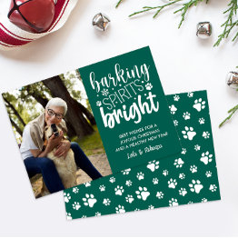 Small Dog Barking Spirit Bright Paws Green Christmas Holiday Invitations Front View
