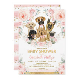 Small Dog Girl Baby Shower Blush Pink Floral Puppies Invitation Front View