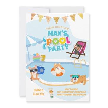 dog pool party, dog pawty birthday blue orange invitation