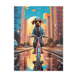 Small Dog Riding A Bicycle In The City Postinvitations Front View