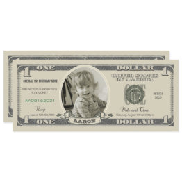 Small Dollar Bill Invitation For A First Birthday Front View