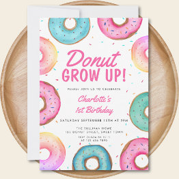 Small Donut 1st Birthday Invitation Girl's Donut Grow Up Front View