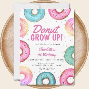donut 1st birthday invitation girl's donut grow up