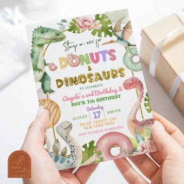 donuts and dinosaurs joint sibling birthday invitation