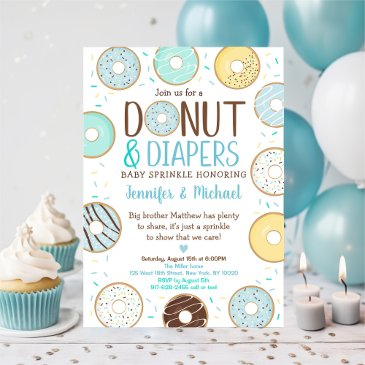 donuts & diapers blue donut baby sprinkle invitation