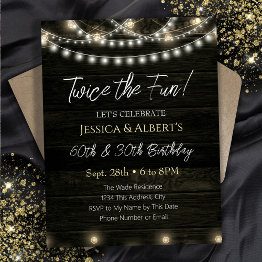 Small Double Birthday String Light Wood Invitation Front View