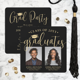 Small Double Graduation 2 Photos Black Gold Joint Party Invitation Front View