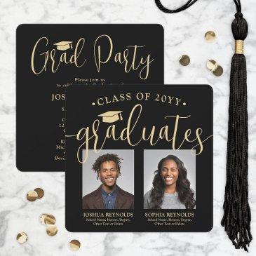 double graduation 2 photos black gold joint party invitation