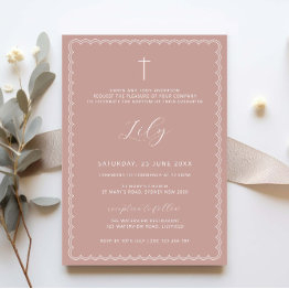 Small Double Scalloped Pink Christening Baptism Invitation Front View