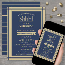 Small Downloadable Surprise Birthday Navy Blue And Gold Invitation Front View