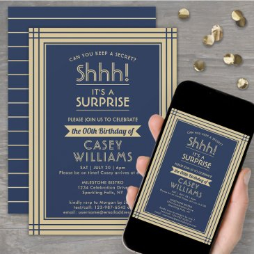 downloadable surprise birthday navy blue and gold invitation
