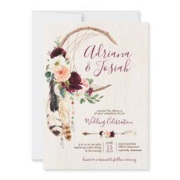 Small Dream Catcher Moon Peach & Burgundy Boho Wedding Invitation Front View