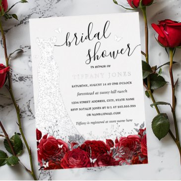 dress red floral rose silver bridal shower foil invitation