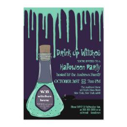 Small Drink Up Witches Green Potion Drips Halloween Invitation Front View