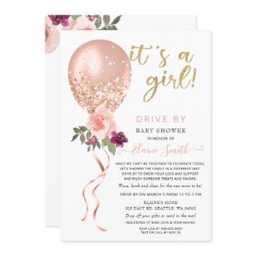 drive by floral balloon pink glitter baby shower invitation