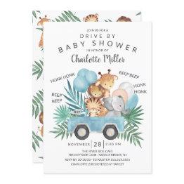 Small Drive By Jungle Animals Boys Baby Shower Invitation Front View