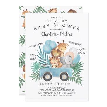drive by jungle animals boys baby shower invitation