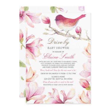 drive by sweet bird pink floral girl baby shower invitation