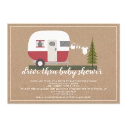 Small Drive Thru Baby Shower Red Camper Woodland Invitation Front View