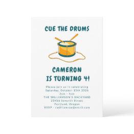 Small Drummer Drums Music Blue 4th Birthday Party Invitation Front View