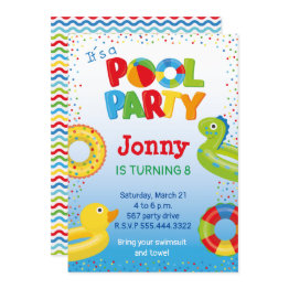 Small Duck Float Pool Party, Swimming Birthday Invitation Front View