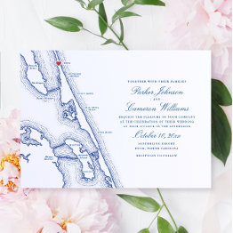 Small Duck Nc Map Elegant Navy Blue Wedding Invitation Front View