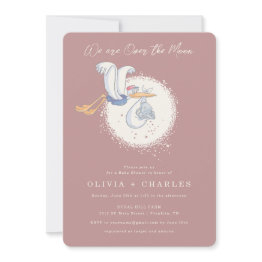 Small Dumbo & Stork | Over The Moon - Girl Baby Shower Invitation Front View