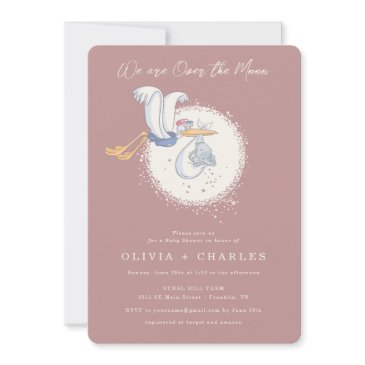 dumbo & stork | over the moon - girl baby shower invitation