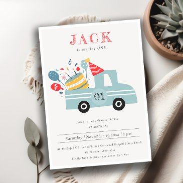 dusky grey blue any age birthday party cake truck invitation