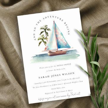 dusky teal sailboat palm seascape bridal shower invitation