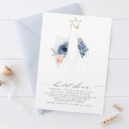 Small Dusty Blue And Blush Flowers Dress Bridal Shower Invitation Front View