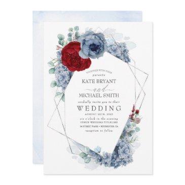 dusty blue and burgundy red floral elegant wedding invitation