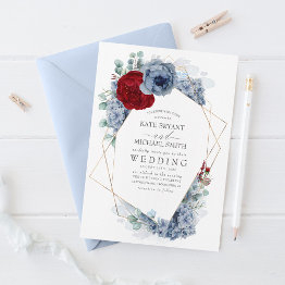 Small Dusty Blue And Burgundy Red Floral Elegant Wedding Invitation Front View