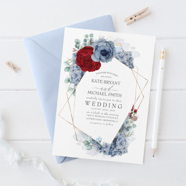 dusty blue and burgundy red floral elegant wedding invitation