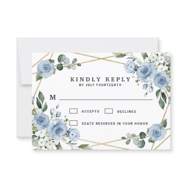 dusty blue and gold elegant floral rustic wedding rsvp invitations