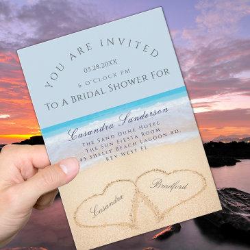 dusty blue beach 2 hearts in sand bridal shower invitation
