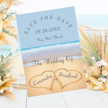 dusty blue beach wedding 2 hearts in the sand invitation