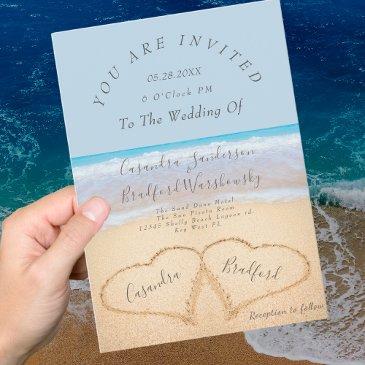 dusty blue beach wedding 2 hearts sand wedding  invitation