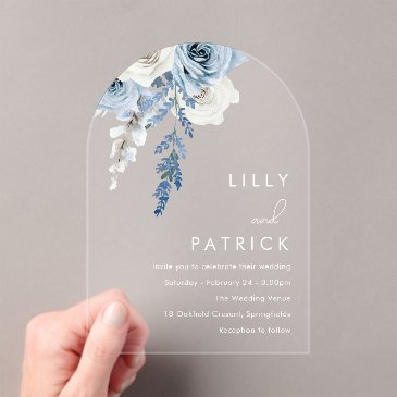 dusty blue boho floral arch wedding acrylic invitations