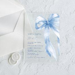 Small Dusty Blue Bow She's Tying The Knot Bridal Shower Acrylic Invitations Front View