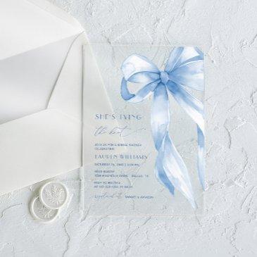 dusty blue bow she's tying the knot bridal shower acrylic invitations