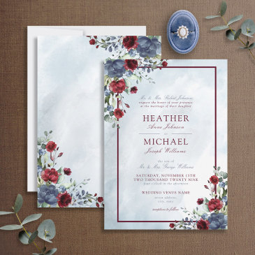 dusty blue burgundy floral watercolor script invit invitation