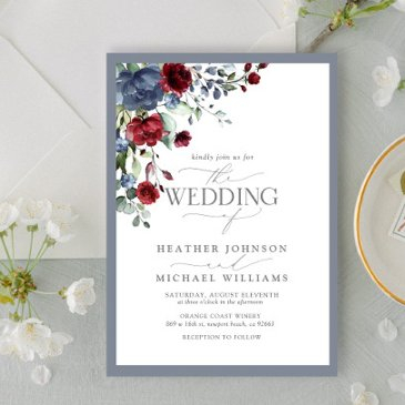 dusty blue burgundy watercolor floral wedding invitation