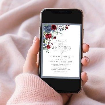 dusty blue burgundy watercolor floral wedding invitation