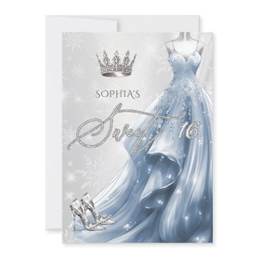 dusty blue dress snowflakes winter sweet 16 invitation
