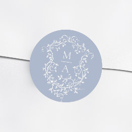 Small Dusty Blue Elegant Floral Crest Monograms Classic Round Sticker Front View