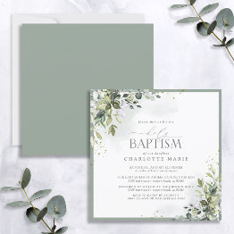 Small Dusty Blue Eucalyptus Botanical Floral Baptism Invitation Front View