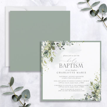 dusty blue eucalyptus botanical floral baptism invitation