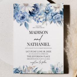 Small Dusty Blue Floral Flowers Botanical Wedding Invitation Front View