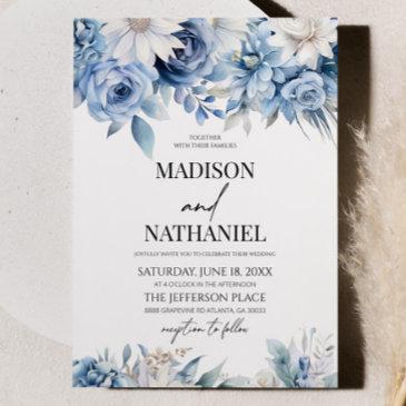 dusty blue floral flowers botanical wedding invitation